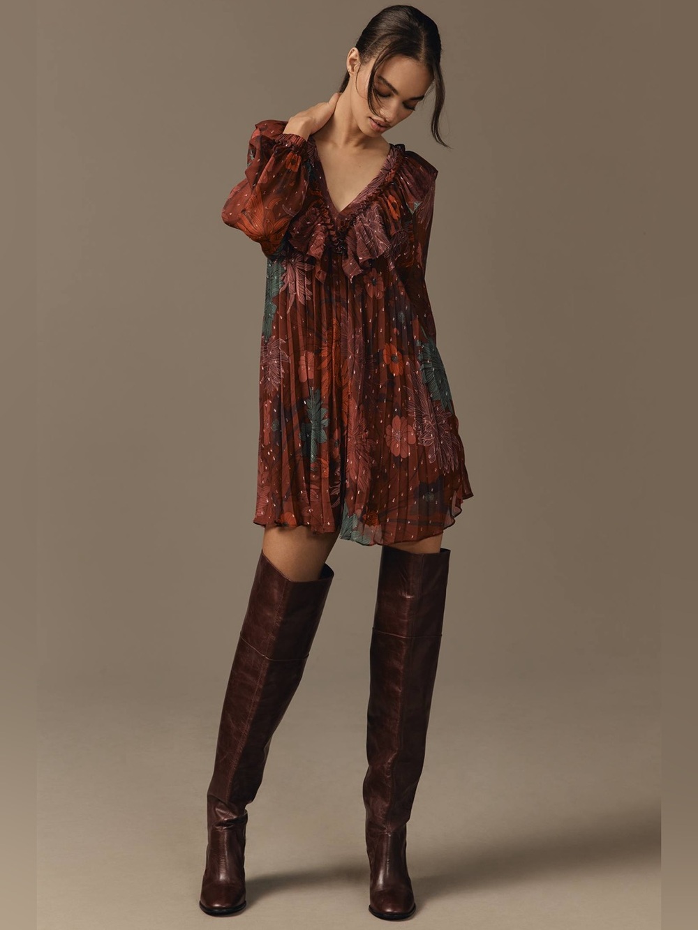 Anthropologie Long Sleeve Ruffle Swing Mini Dress